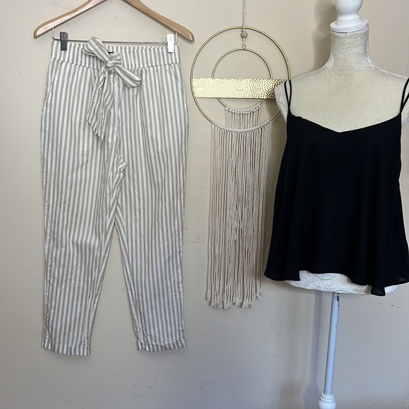 Zara • white tan neutral striped ankle pants with tie belt - Picture 2 of 13